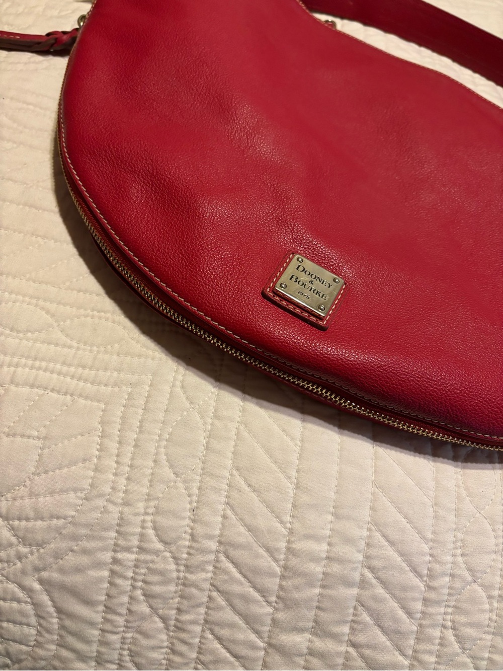 Dooney & Bourke Red Leather Crescent Shoulder Bag with Gold Plaque